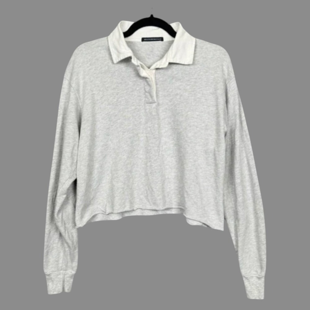 BRANDY MELVILLE Cropped Sweatshirt RUGBY POLO SWEATER Light Gray Top XS/S/M/OS